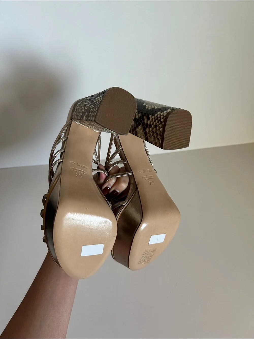 Metallic Gold Strappy Platform Heels with Snake-Print Block Heel